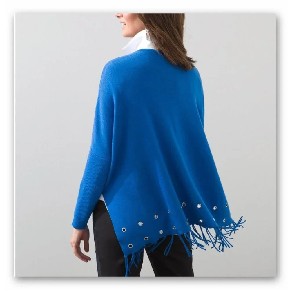 Chico's blue knit gold tone grommets with fringes sweater poncho L /XL - Picture 2 of 12